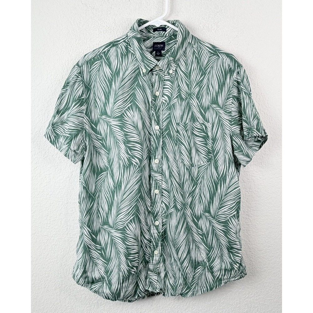 J.Crew Slim‎ Fit Linen Blend Shirt Men's L Green Tropical Palm Leaf Print Hawaii
